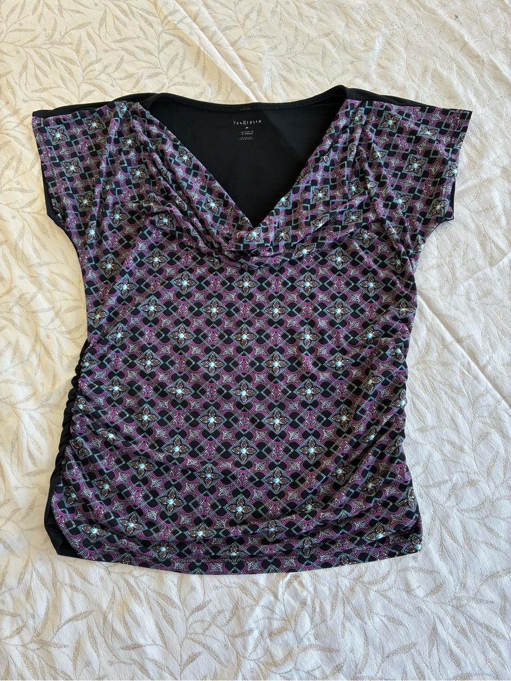 Van Heusen Purple and Black Geometric V-Neck Short Sleeve Top